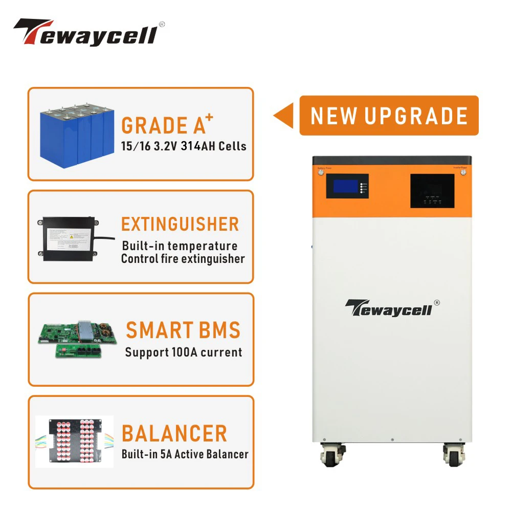 Tewaycell All in One 48V 314Ah 15KWh Powerwall 51.2V 16KWh LiFePO4 Battery Built-in 5KW Inverter ESS Solar Energy System