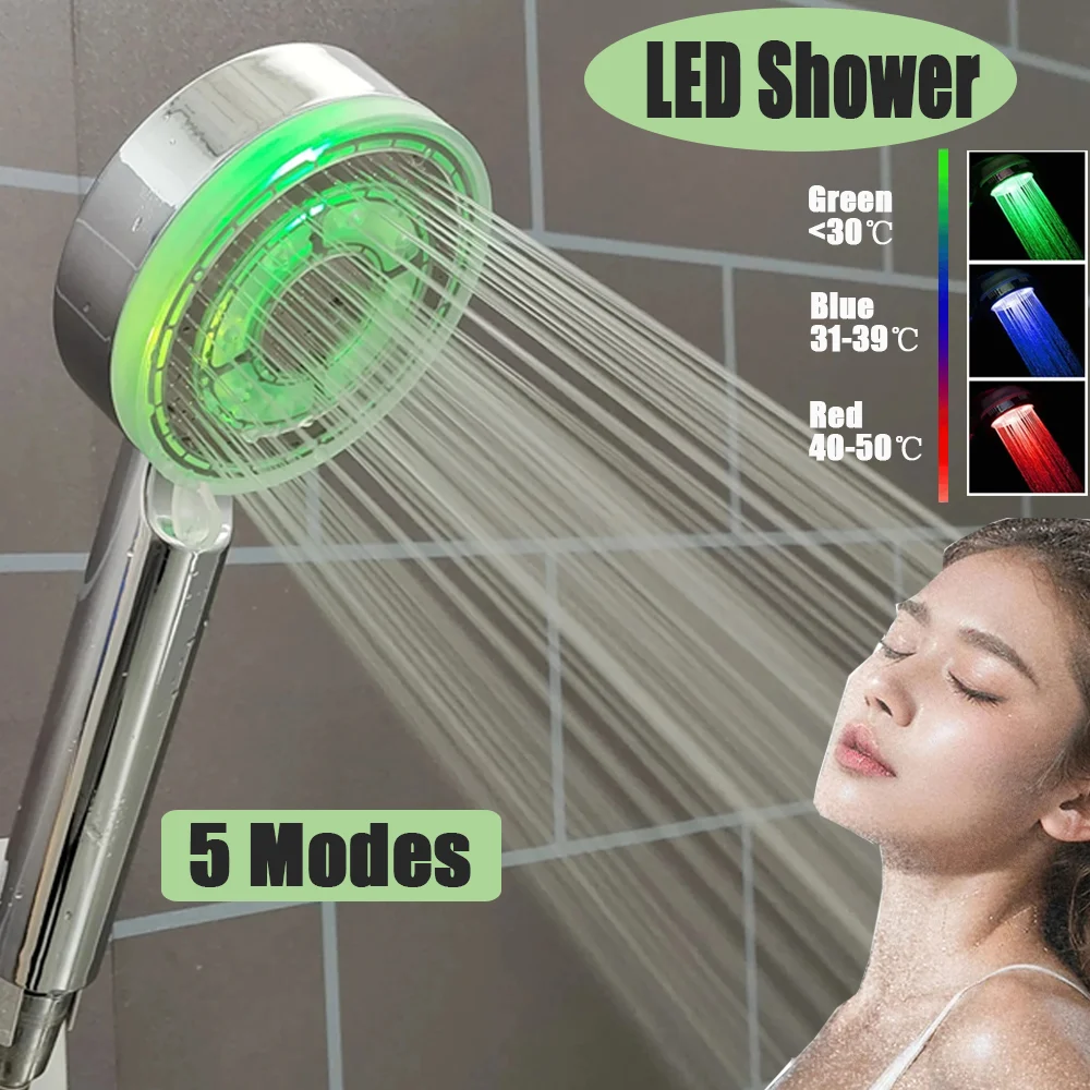 Temperature Control Colorful Shower Head 5 Modes Adjustable LED Spray Nozzle 3/7 Color Change High Pressure Large Flow Shower