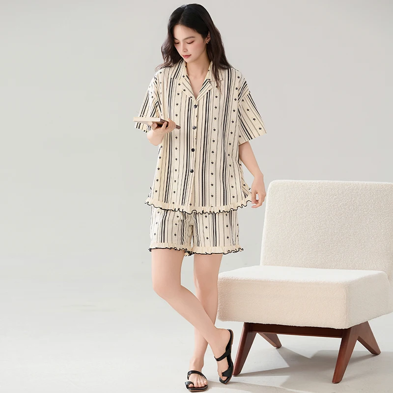 

High Quality Big Size M-4XL Women Pajamas Set Summer Knited Cotton Pyjamas Female Short Sleeve Sleepwear