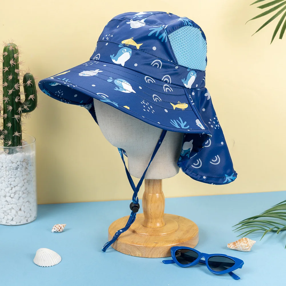 

2Pcs/lot Boys Summer Sunhats Cute Cartoon Whales Fishes Print Baby Caps Protect Neck Adjustable Bucket 3-14Y Headwrap SunGlasses