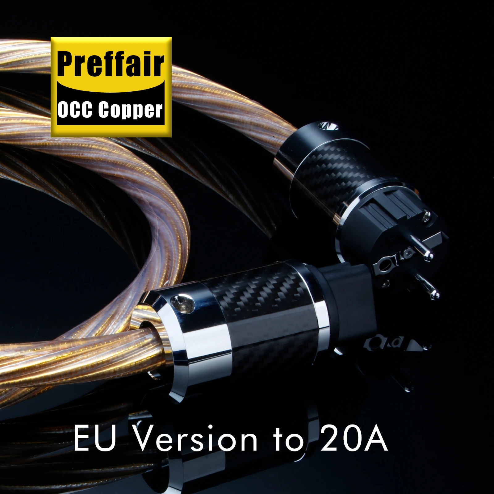 Preffair D526 Gold US/EU/UK/AU-C15/C19 Power Cords 7N Silver Plated AC Wires with with Carbon Fiber Shell for AMP/DAC/CD/DVD