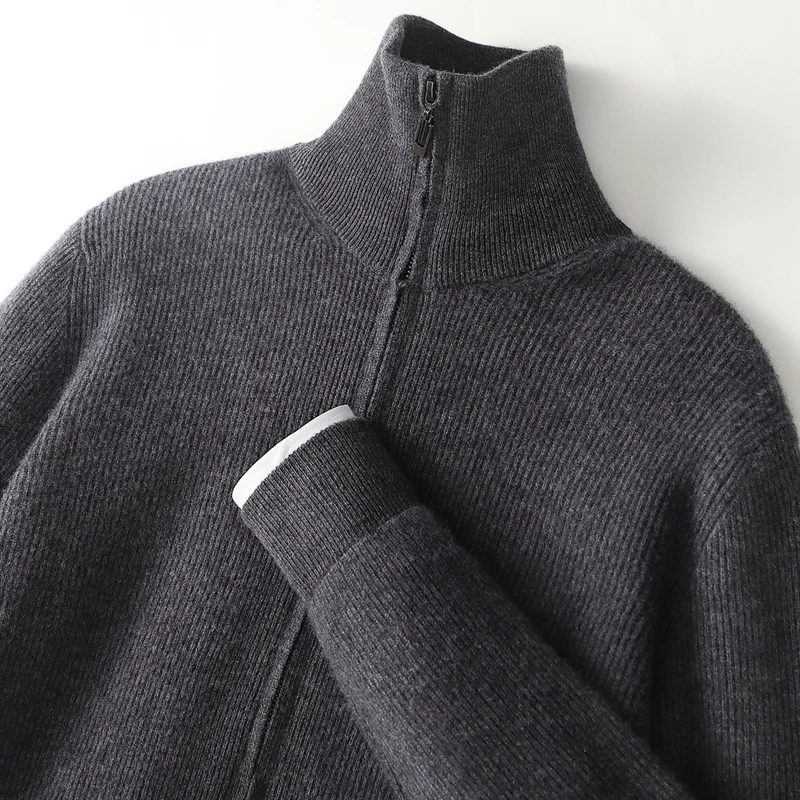 100% Pure Wool Cardigan Men's Semi-High Collar Business Padded Zipper Leisure Knitted Sweater Coat