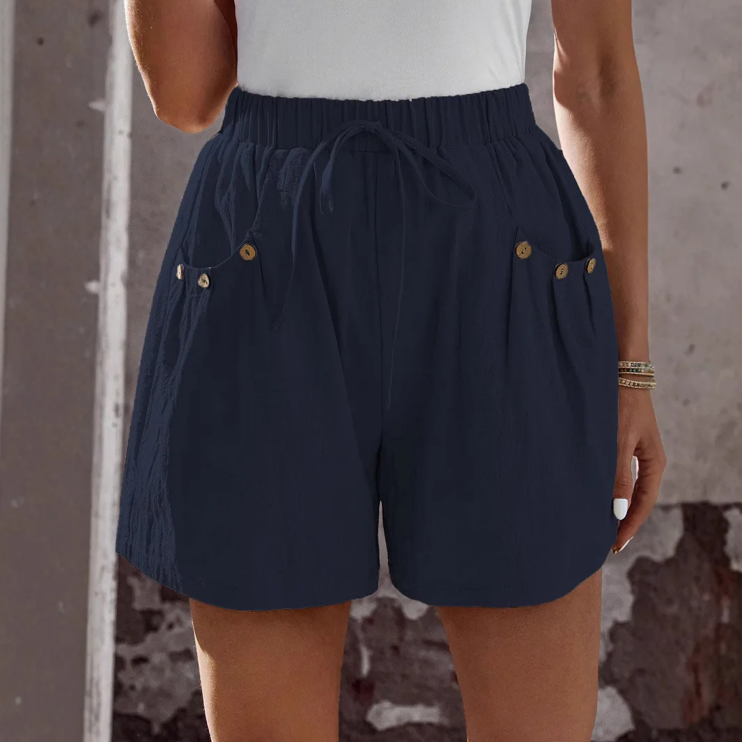 

2025 American European New Fashion Summer Women's Solid Color Casual Trendy Knee Length Loose Wide Leg Elastic Waist Shorts
