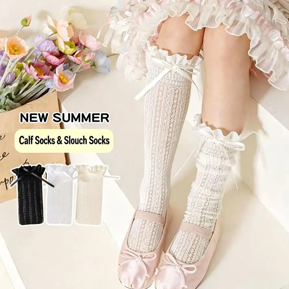 Long Tube Lace Socks Mesh Thin Breathable Mary Jane Bow Pile Pile Calf Socks Girl Ballet Fishing Net Frilly Socks Lolita Socks