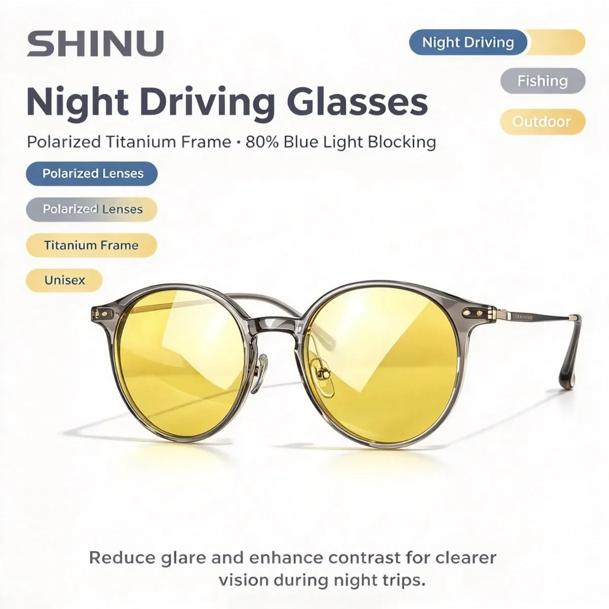 SHINU Polarized Titanium Night Driving Glasses, Anti-Glare 80% Blue Light Blocking Eyewear for Fishing Work Outdoor Activities