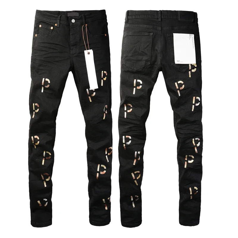 

Classic Black Brands Denim Pants Men Women Same Oversized Stretch Casual Trousers Fall New Letter P Gold Stamping Print Jeans