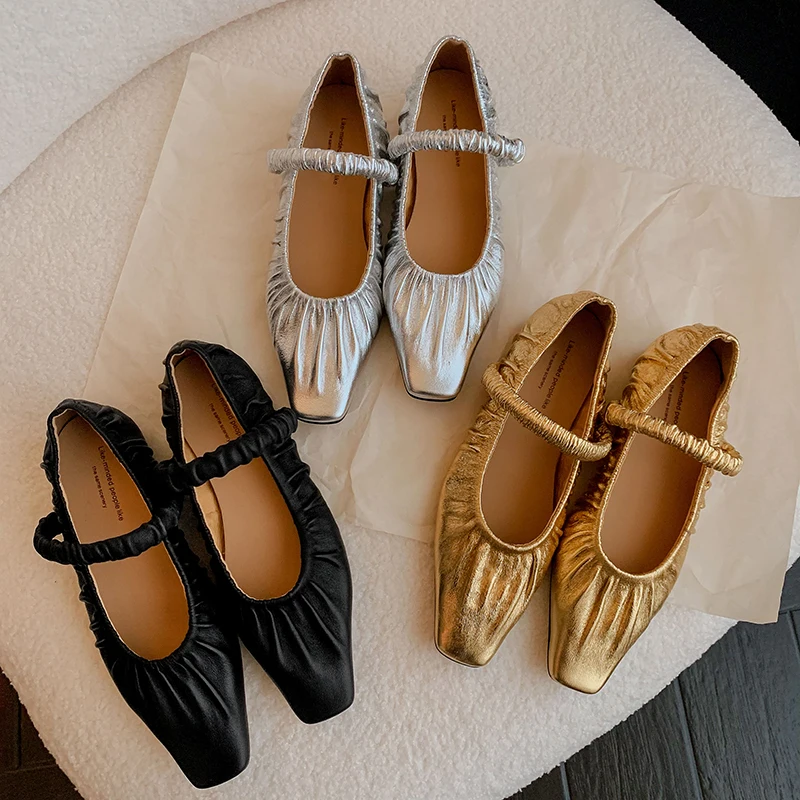 Fashion Pleated Women Flats Shoes Spring Summer New Genuine Leather Shoes Woman Low Heels Square Toe Mary Janes Shoes Size 34-39