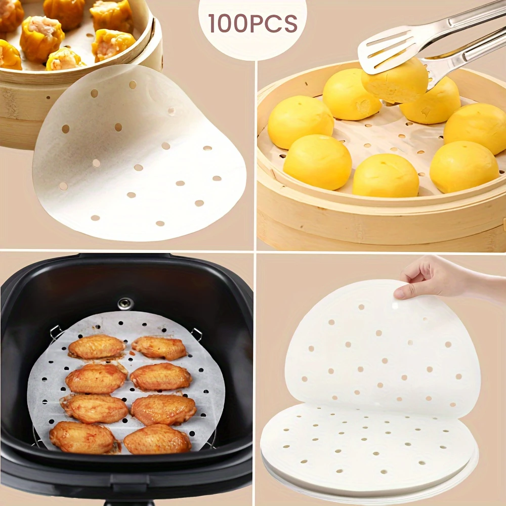 100pcs of Bamboo Steamer Liners Made from Unbleached 100% Pure Raw Wood Pulp Designed for Food Use for Air Fryers Microwaves