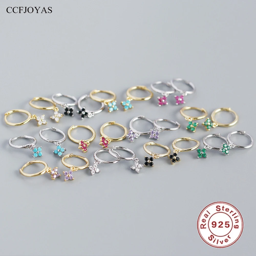 CCFJOYAS 925 Sterling Silver INS Geometric Colorful Zircon Flower Drop Earrings for Women Light Luxury French Stackable Earrings