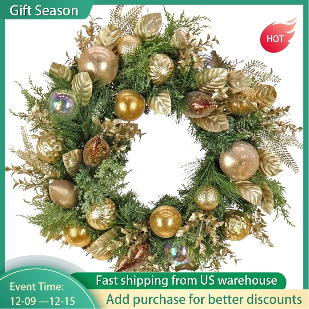 Christmas Artificial Christmas Wreath, Mixed with Branch Tips and Fern Front, Woven Branch Ring Base, 28 Inch Wreath Decoration