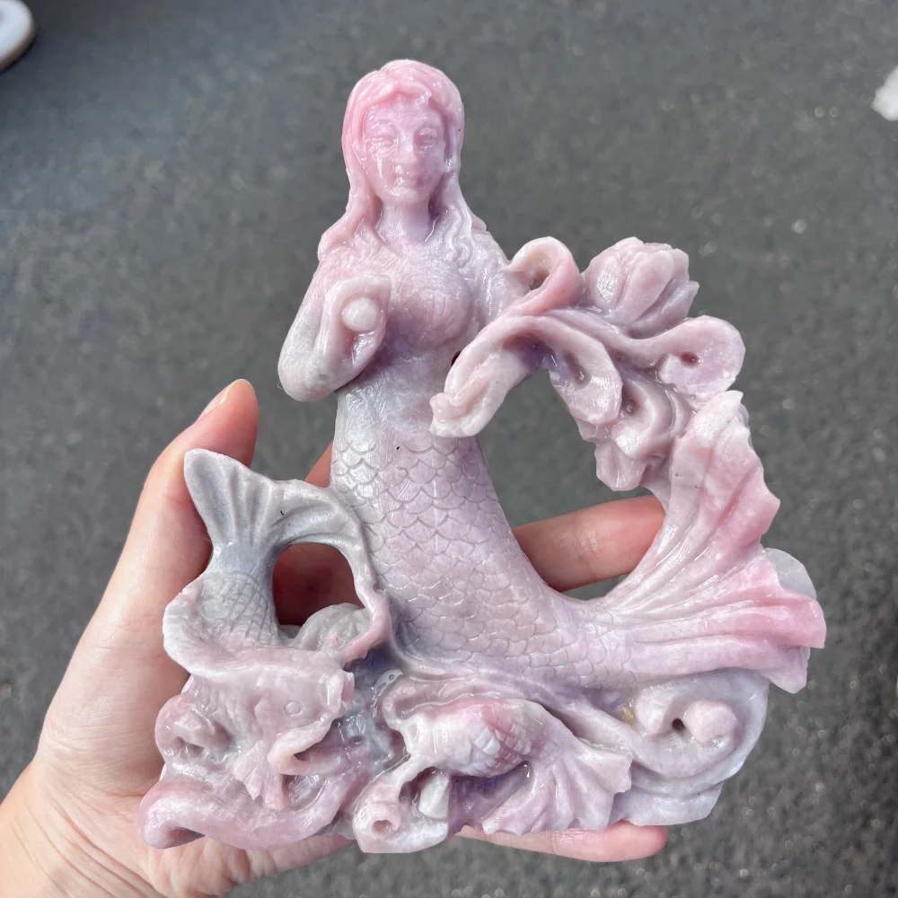 1PCS Natural Pink Opal Mermaid Statue Carving Crystal Reiki Healing Fengshui Stone Home Decorative Artwork Ideal Holiday Gift