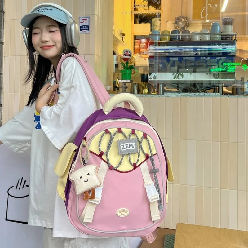 One Size Zipper2025Autumn Colorful Nylon Patchwork Backpack for Girls, Macaron Color Block Simple Retro Commuter Backpack
