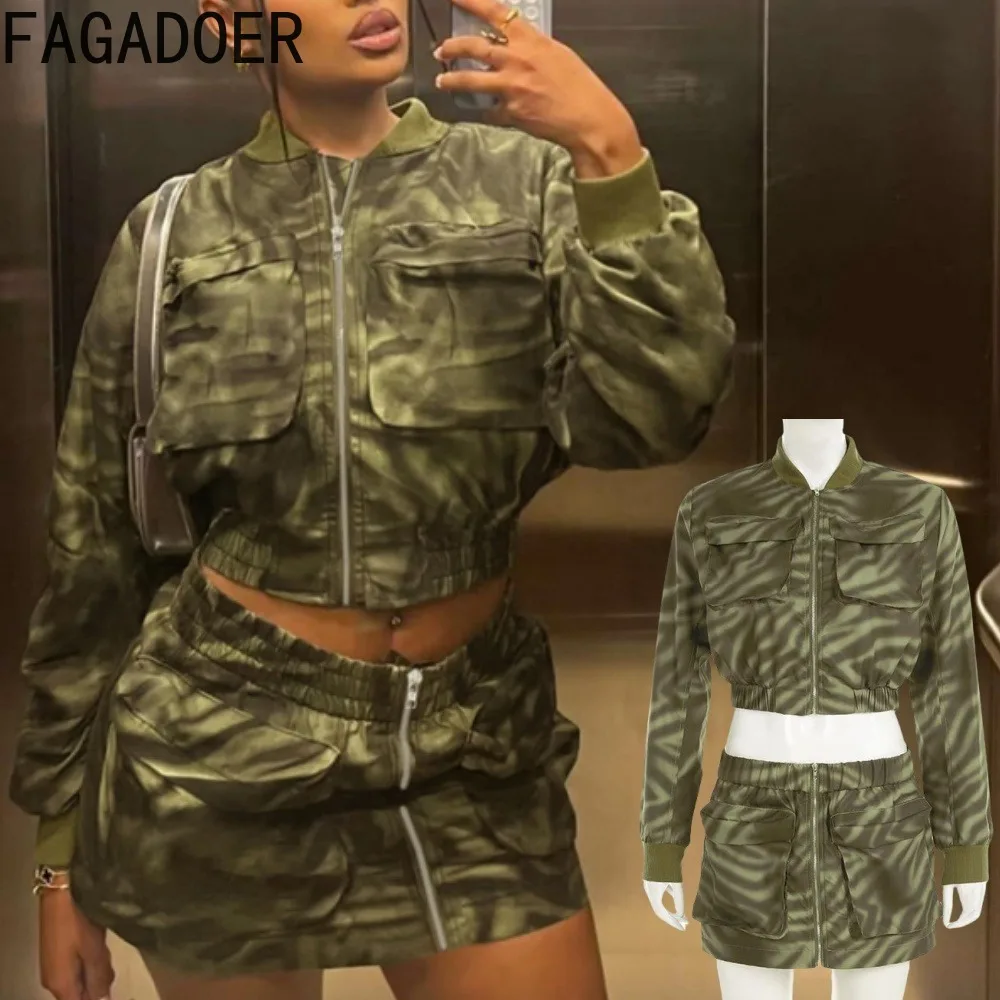 

FAGADOER Camouflage Cargo Pockets 2 Piece Sets Women Outfit Punk Zip Patchwork Crop Jackets And Mini Skirt Suits Y2K Streetwear