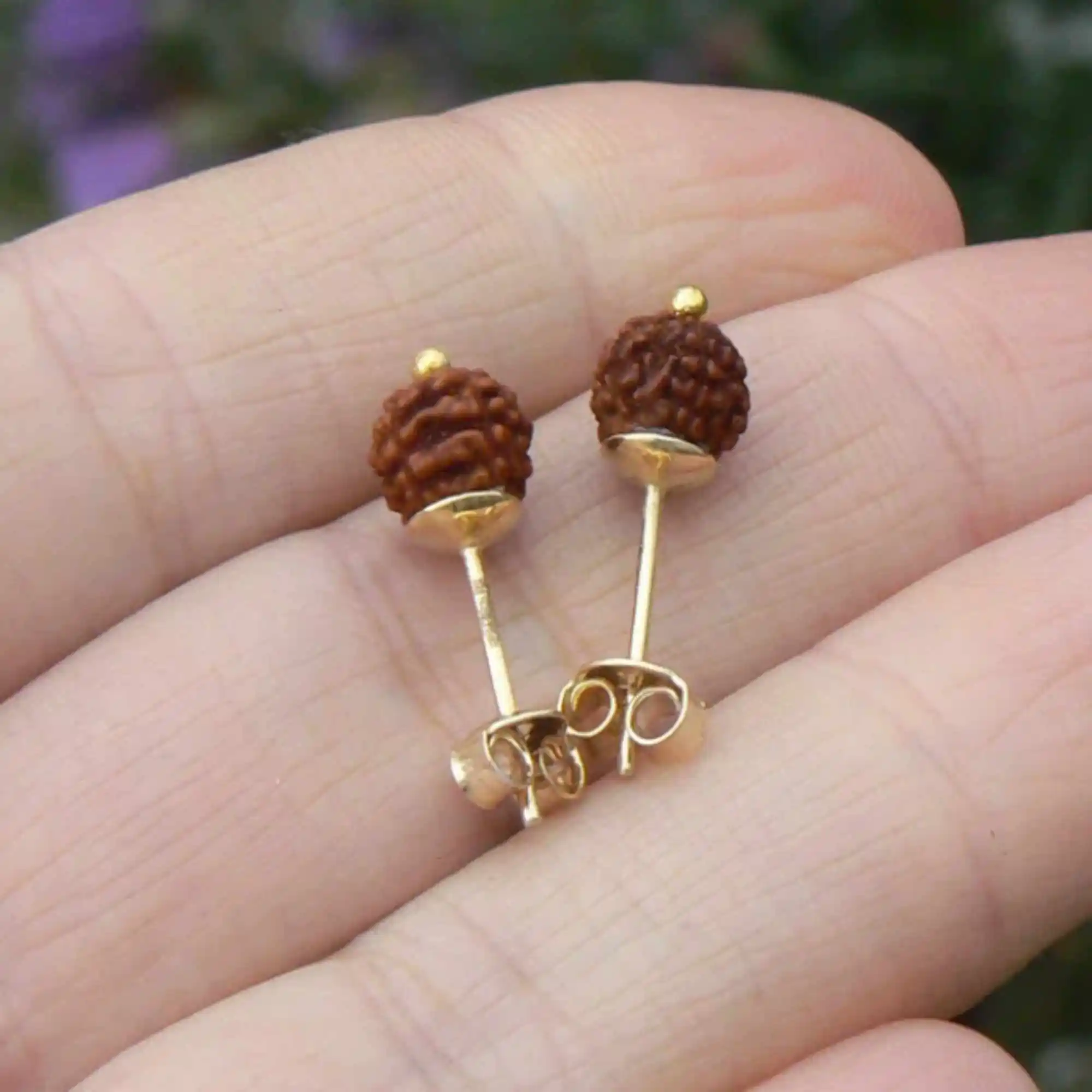 Natural 6mm brown round Rudraksha beads gold earrings Women Aquaculture Beautiful Holiday gifts Diy Prayer