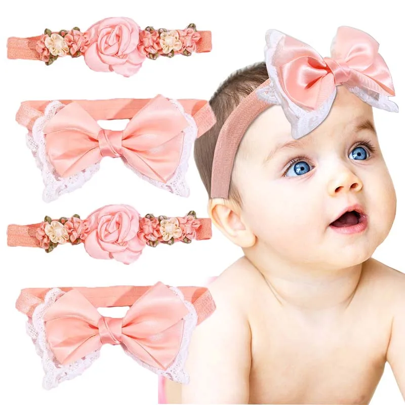 

ncmama 2Pc Simulated Flower Headband For Baby Girl Cute Lace Bow Hairbands Turban Head Band Kids Headwear Photography Props Gift