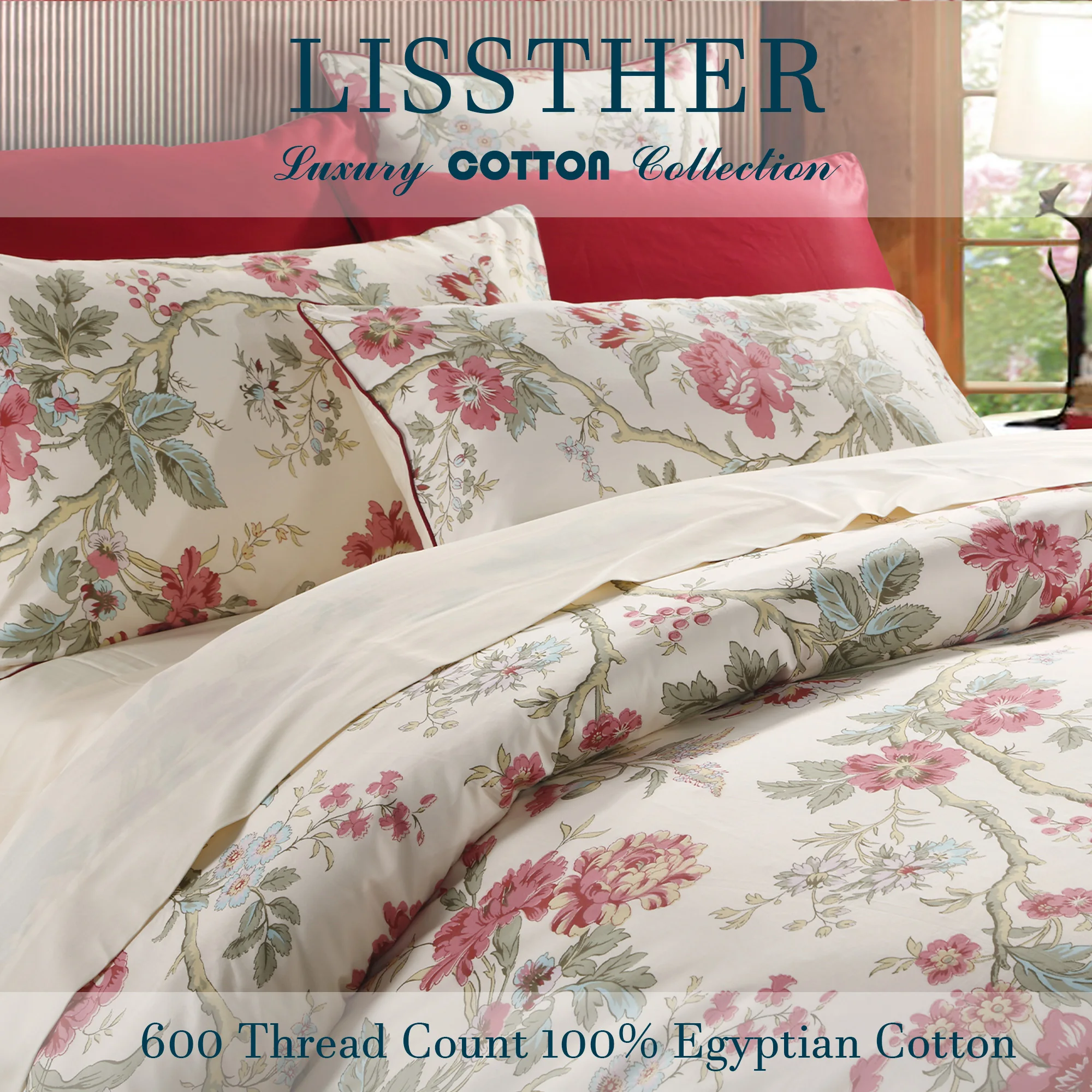 3pcs 600 TC 100% Egyptian Cotton Duvet Cover Set (Without Core), Luxury Vintage Country Floral Shabby Chic, Soft & Skin-friendly