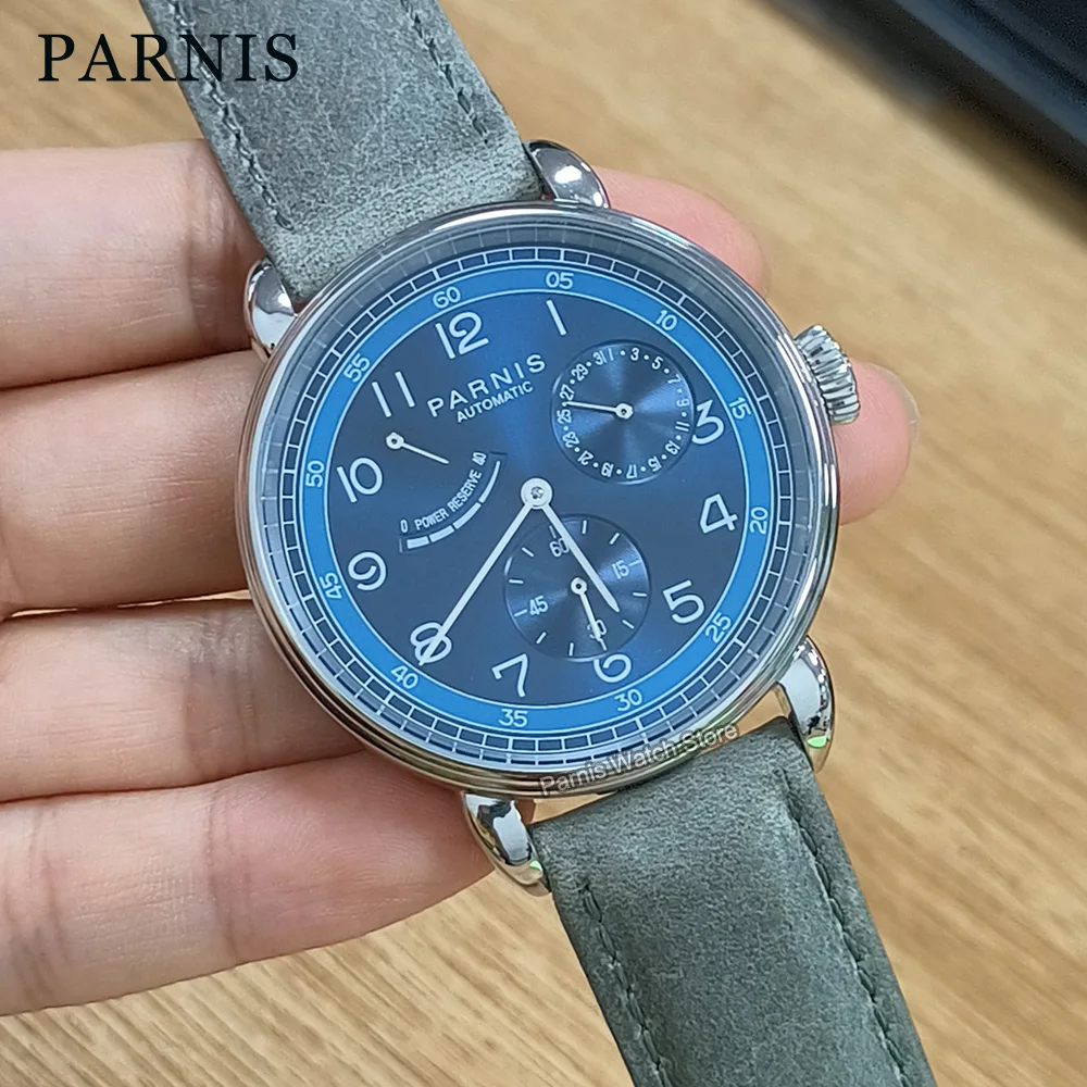 

Parnis 42mm Power Reserve Blue Dial SeaGull 1780 Automatic Movement Watch Small Second Date Indicator