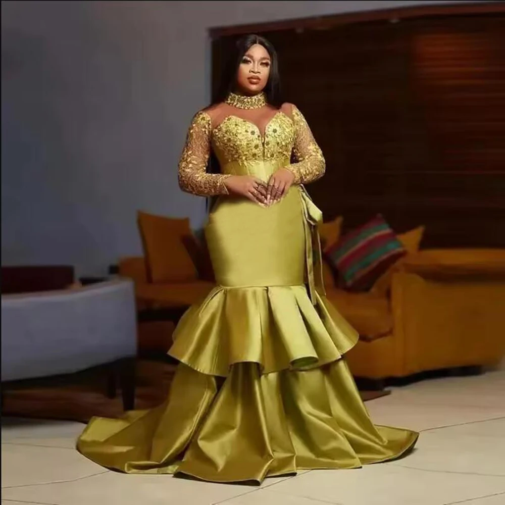 

Crystals Beaded Mermaid Evening Dresses Long Sleeevs High Neck Satin Aso Ebi Prom Dress Ruffled Wedding Guests Gowns Customized