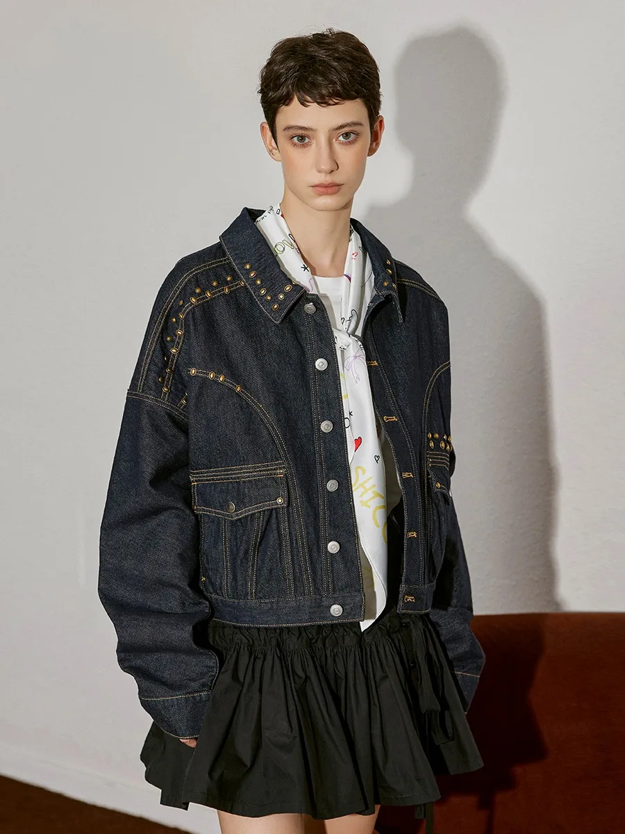 

Spring 26 Loose Women's Denim Blue Jaet with Rivets Casual Sle ort Coat Casual Sle Cotton Material Long Sve