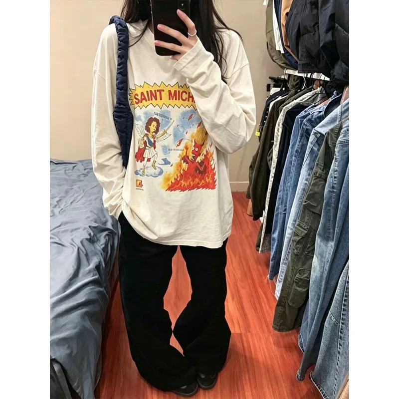 High Street Saint Vintage Loose Angel Graphic Long Sleeve Tee High Street Base Top Men's Clothing