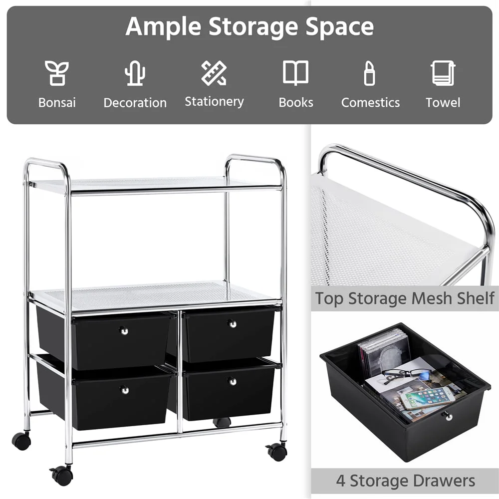 Rolling Storage Cart with 4 Drawers & 2 Shelves Storage Trolley on Wheels for Home Office School Salon, Black Filing