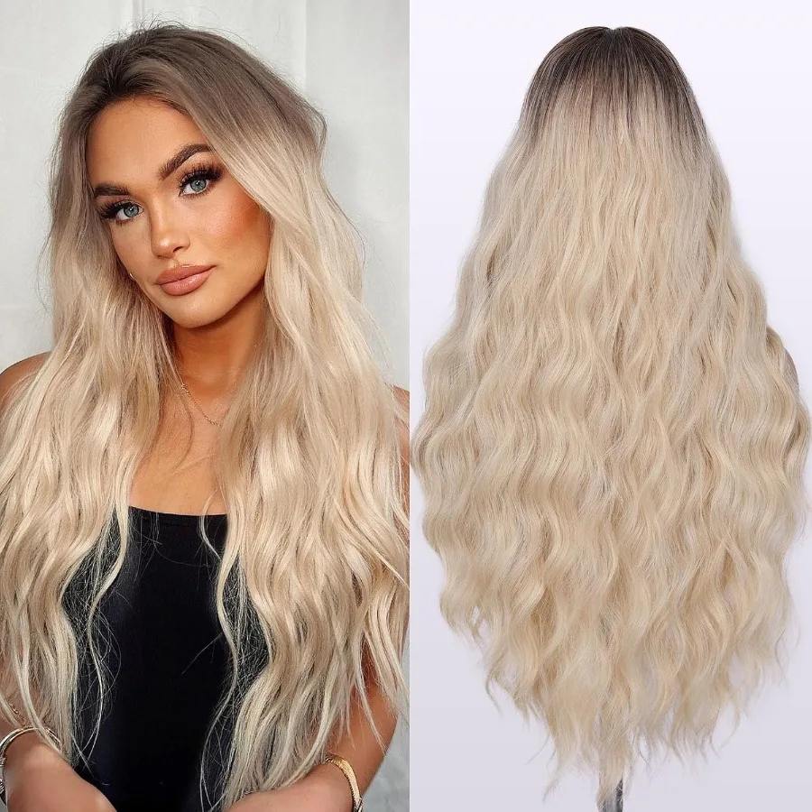 FAVE Lange blonde Perücke, natürliche Ombre-Blondine, gewellte Perücken, Mittelteil, blonde Perücke mit natürlichen Farbverlaufswurzeln für den täglichen Gebrauch, perfekt für