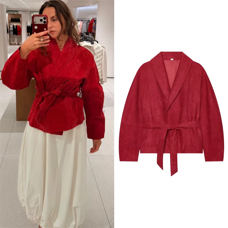 Guobioziy Women's Jacket 2026 Fall New Red Long-Sleeve Loose Tie Waist Lapel Coat Casual Fashion European and American Style
