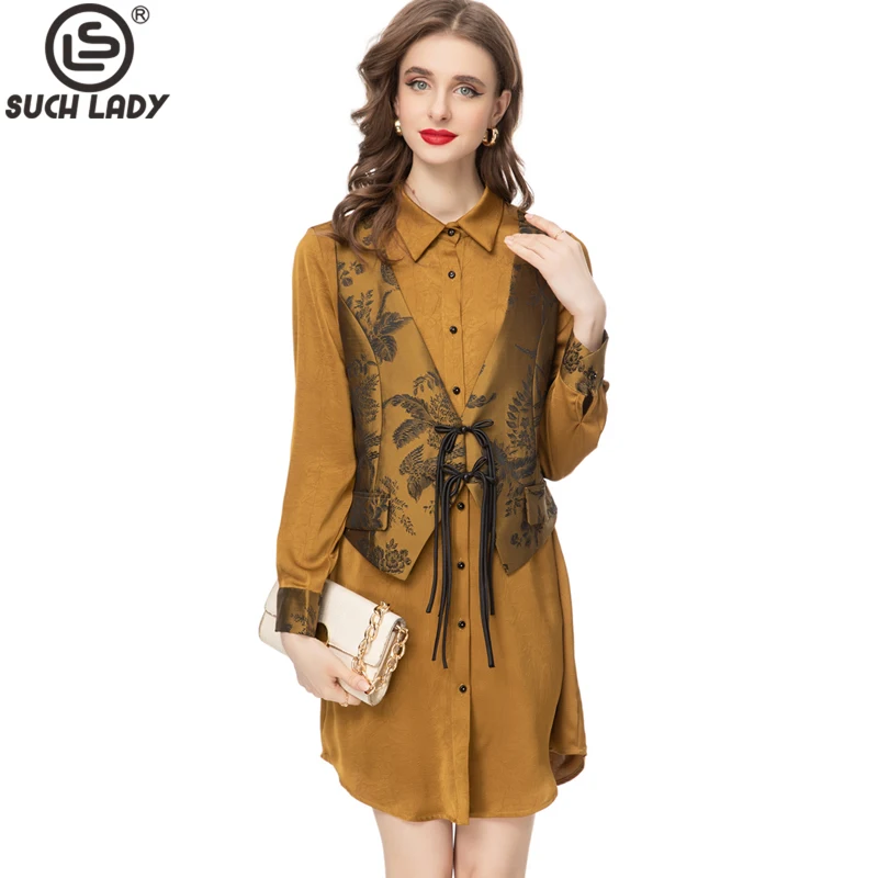 

Women's Runway Dresses Turn Down Collar Long Sleeves Single Breasted Vestidos with Printed Vest