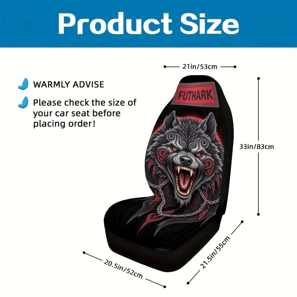 2pcs Golden Wolf Head & Chain Pattern Car Seat Covers - With Red Accents, Durable Polyester, Fit For Cars, SUVs, Trucks - Stylis