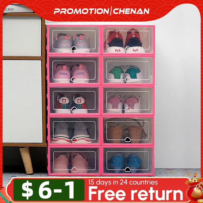 6pcs Transparent Shoe Box Shoes Organizers Plastic Thickened Foldable Dustproof Storage Box Stackable Combined Shoe Cabinet Sale