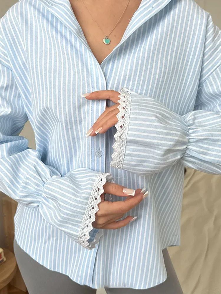 

2026 Spring Lady Oversize Long Sleeve Striped Fashion Sweet Top Cozy Women Blouse Lace Trim Flare Sleeve Button Down Shirt
