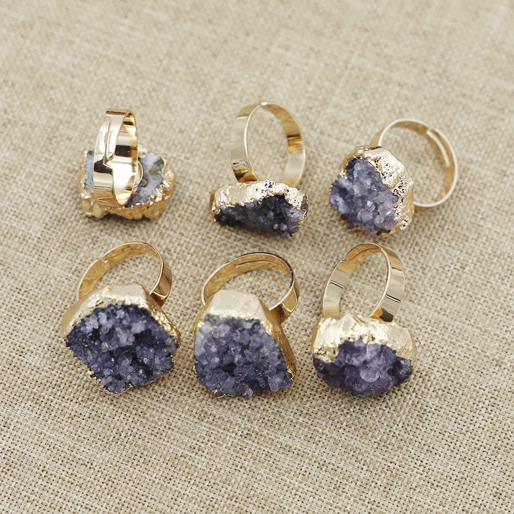 Selling New Natural Stone Druzy Amethyst Bud Ring Gold Plated Irregular Open Finger Adjustable Women Party Wedding Jewelry 10Pcs