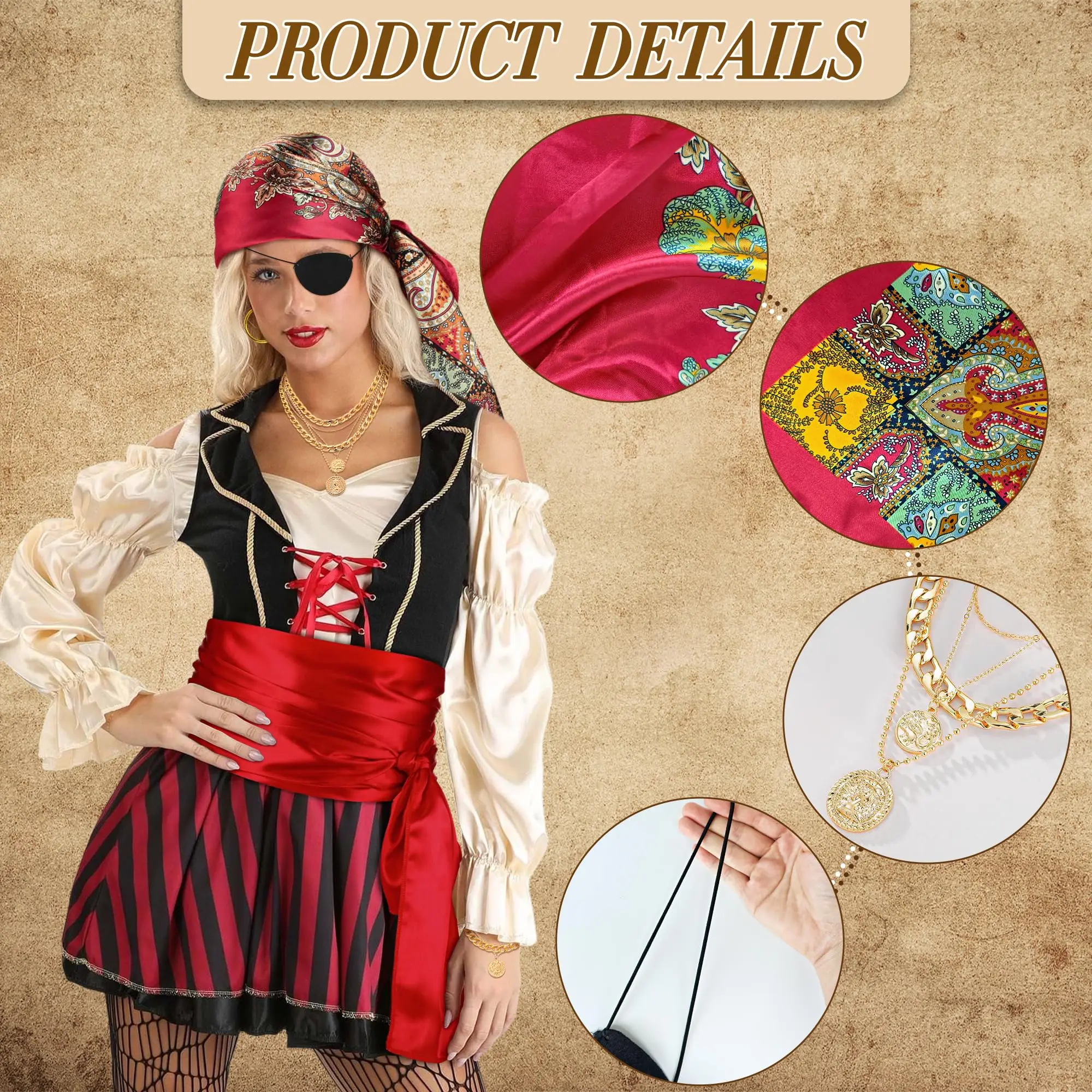 Women Pirate Costume Accessories Set Satin Sash Headscarf Jewelry Cosplay Halloween Pirate Costume Accessories Pirate Head Scarf Sash  main image 3