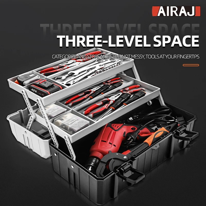 AIRAJ 16In Multifunction Tool Box Three-Layer Folding Electrician Tool Organizer Home Hardware Accessories Portable Storage Tool