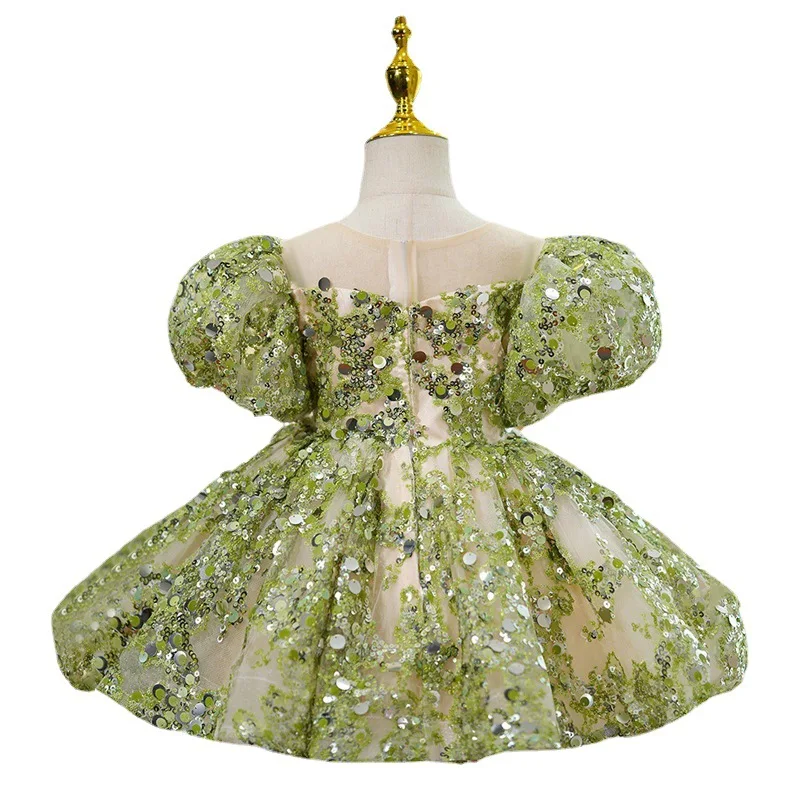 Summer Toddler Baby Girls Sage Green Flower Girl Sequin Dress for Wedding Birthday Party Bow Dress for 1-14-Year-Old Kids