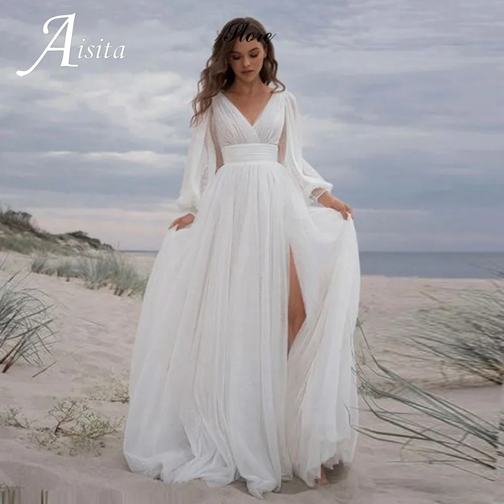 

Tulle V-Neck Long Sleeves Wedding Dresses Customized 2025 Sexy Split Train A-Line Bridal Gowns Boho Backless Robe De Mariée