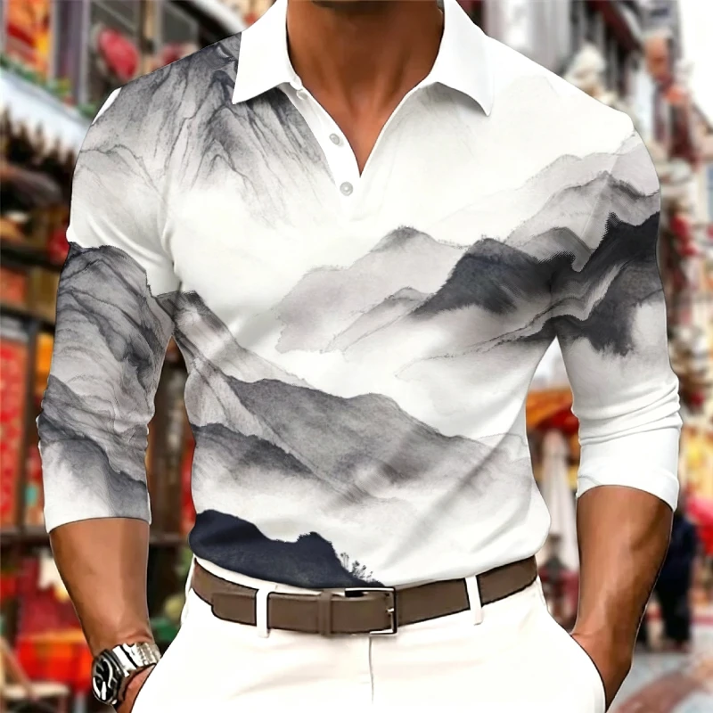 Men Contrast White Collar Long Sleeve Polo Shirt V Neck Button Chinese Dragon Ink Mountain Lotus Golden Landscape Print Slim Fit