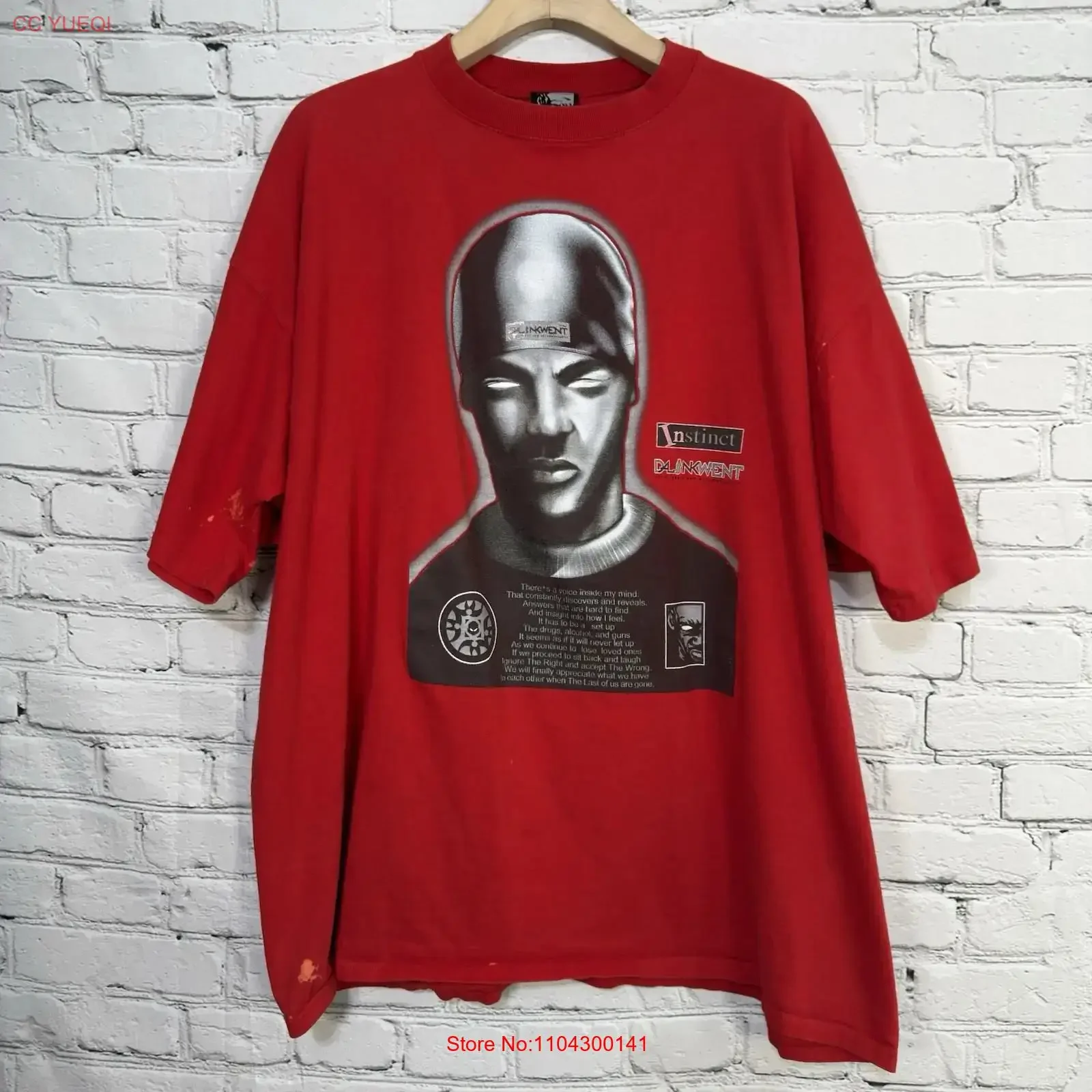 Vintage Dalinkwent T Shirt Mens 3XL INSTINCT Red Streetwear Distressed vintage Washed homme Comfortable Unisex Casual