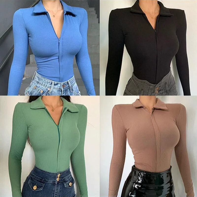 

Slim Fit Long Sve V-Ne T-irt Women's Design Spring Autumn New Sle Base irt Stand Collar f Zip Overall Top