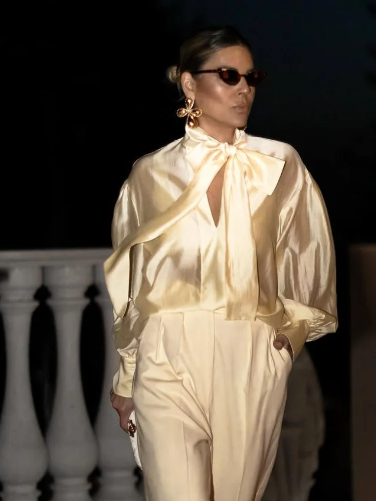 

Женская блузка светло-желтого цвета с бантом на шее, с длинным рукавом, свободного кроя, весна 2026, повседневная, элегантная, офисная, с завязывающейся лентой