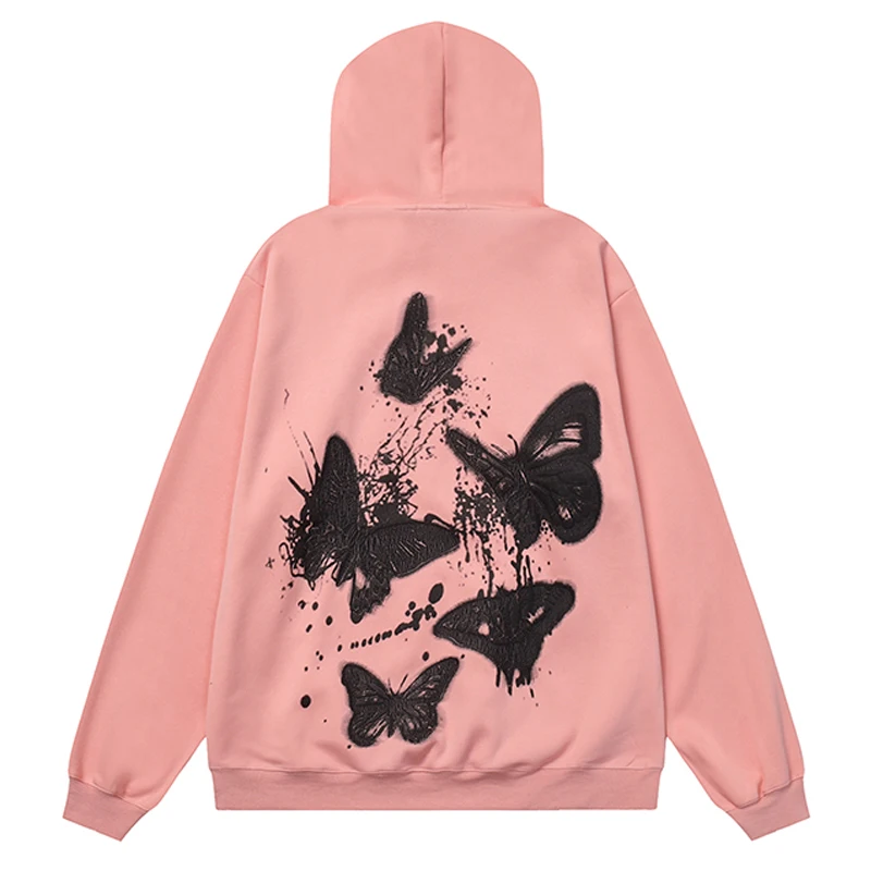 Oversized Hip Hop Men Hoodies Butterfly Graffiti Print Hooded Sweatshirts 2023 Streetwear Harajuku Y2K Couple Hoodie Black Coats