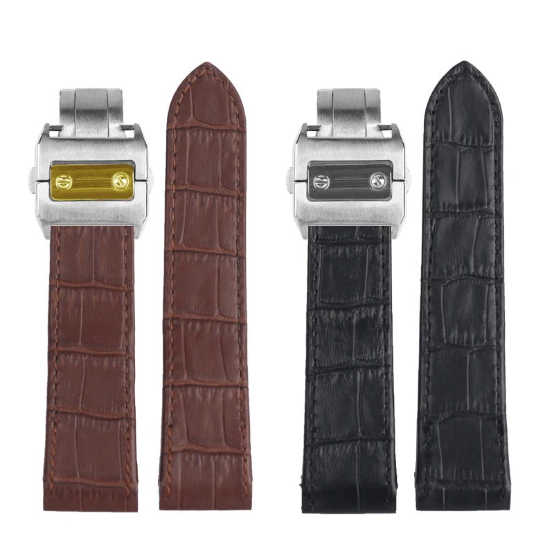 Pulseira de relógio de couro genuíno para cartier santos sandoz 100 pulseira de relógio de couro de alta qualidade 20mm 23mm pulseira preta acessórios