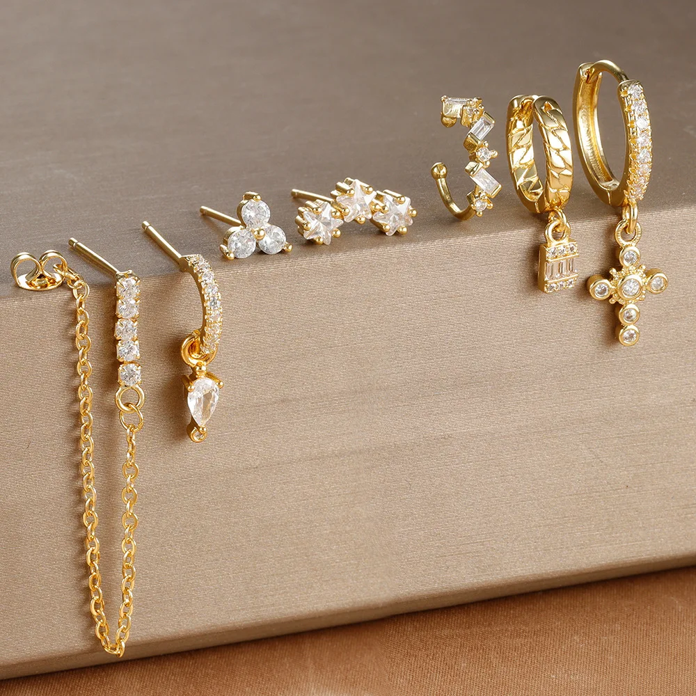 7PCS Stainless Steel Star Cross Chain Hoop Earrings Set For Women Cubic Zirconia Punk Pendant Cartilage Earring Piercing Jewelry