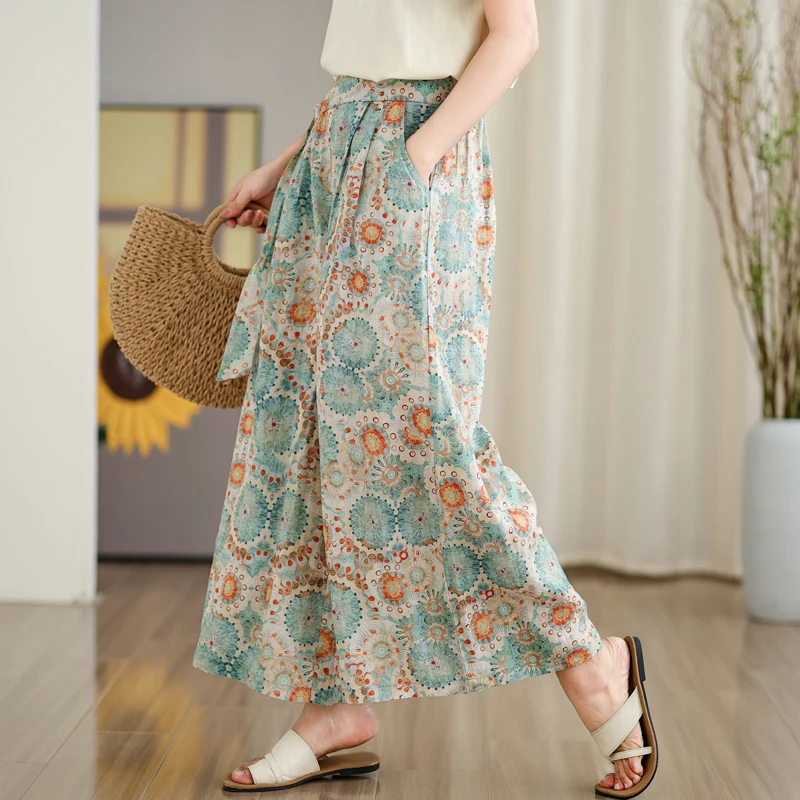 Artistic Vintage Print Loose Wide Leg Pants Nine-Tenths Casual Cotton Linen Skirt Pants Women's Comfortable Elastic Waist