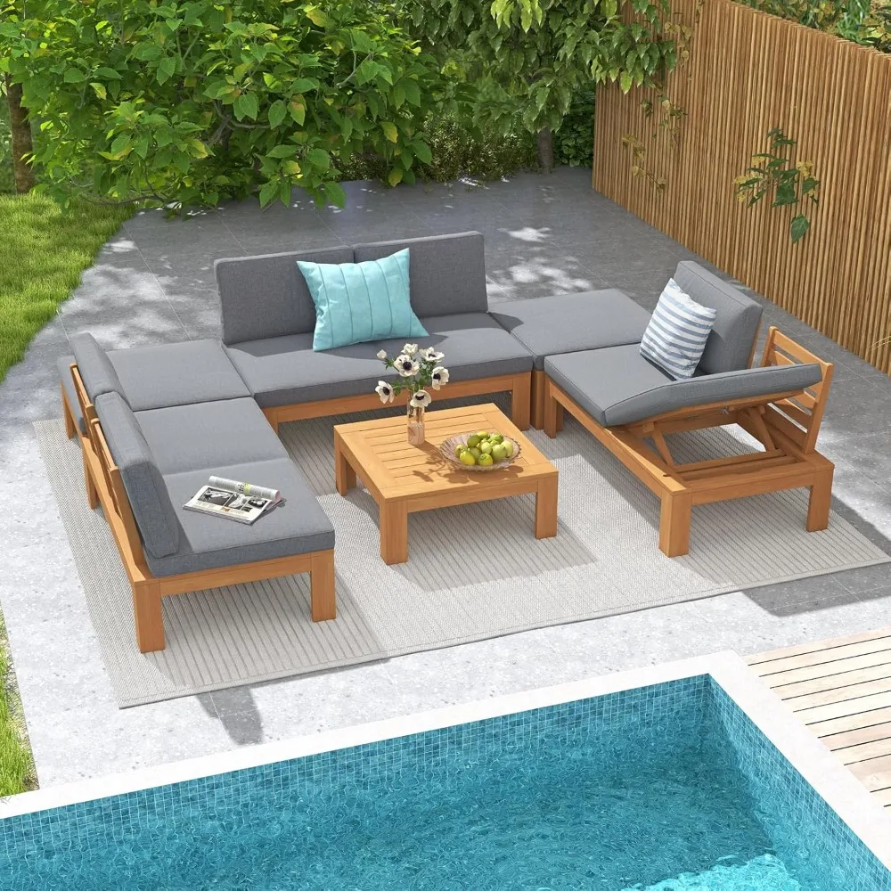 

6 Piece Acacia Wood Patio Furniture Outdoor Sectional Sofa Set with Adjustable Armrest, Set w/2-in-1 Coffee Table, Grey Cushions