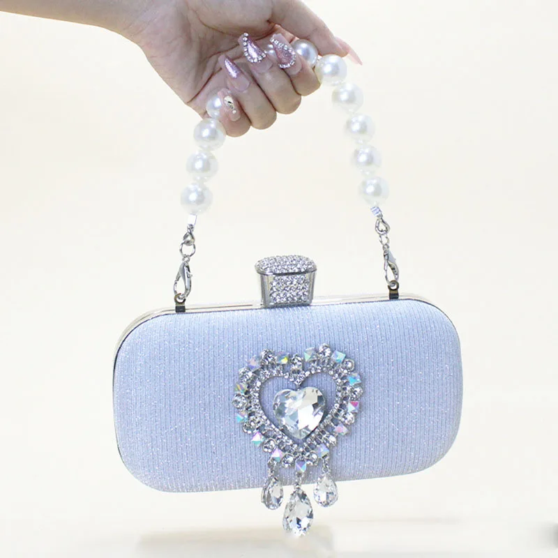 Fashion Rhinestone Clutch Handbag Women Evening Party Bags with Crystal Diamond Love Heart Pearl Top Handle Lady Banquet Purse