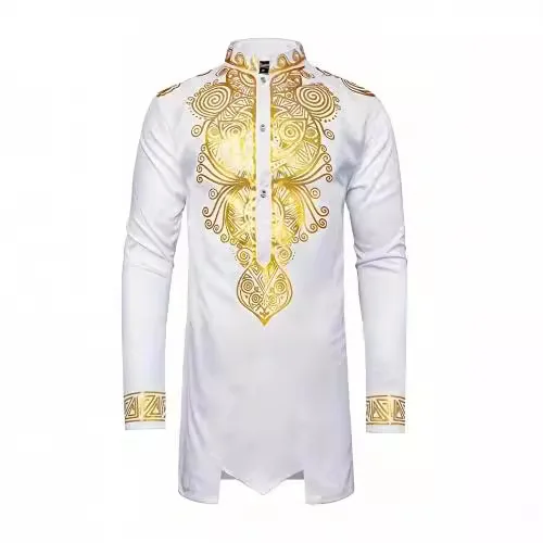 

2025 Hot Selling New Ethnic Style Young Men's Hot Stamping Pullover Single Piece Long Shirt Casual Slim Fit Shirt for Men