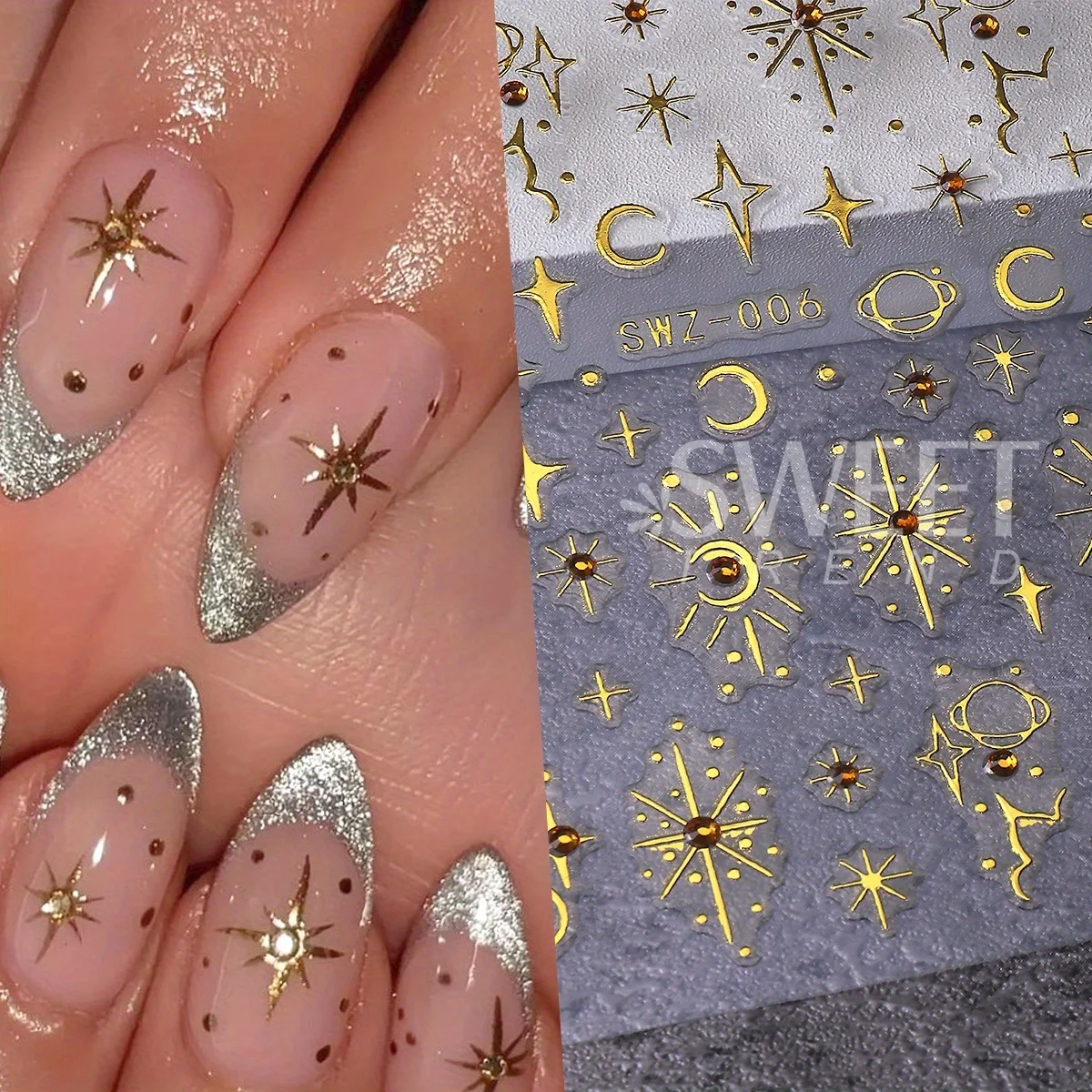 2pcs Sparkling Gold Sun Star Nail Rhinestone Stickers Bronzing Constellation Moon Stripe Line French Y2K Gems Manicure Decals