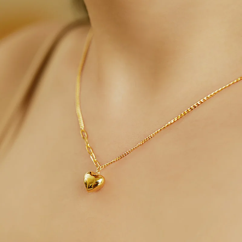 Colar de pingentes em forma de coração tridimensional para mulheres, corrente clavícula, prata esterlina S925, chapeado com ouro 14k, menina