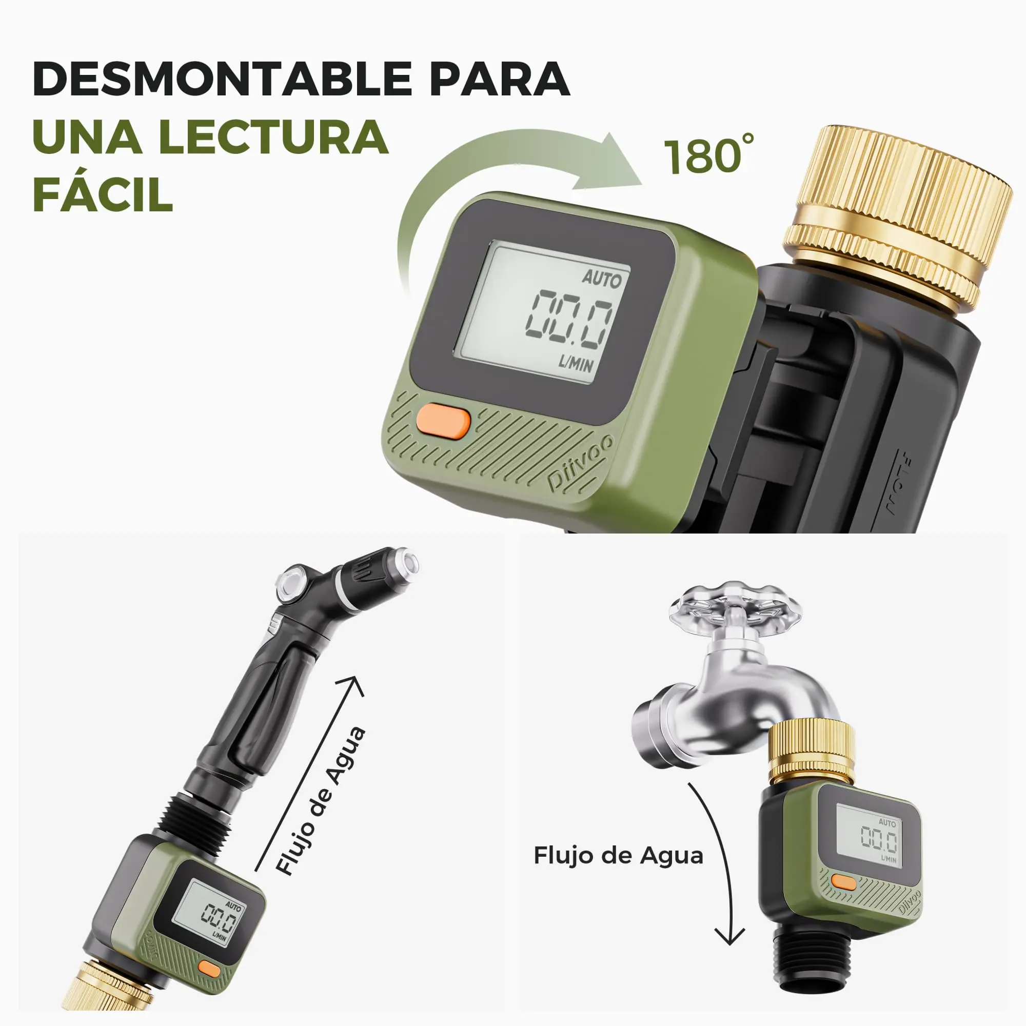Diivoo Garden Water Flow Meter with Brass Inlet 4 Measuring Modes Accuracy ±5% IP54 Litres/Gallon Water Meter for Swimming Pool